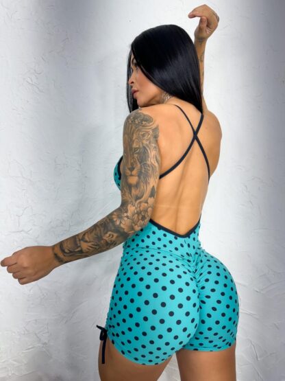 Black Polka with Aquamarine Green Romper - Image 4