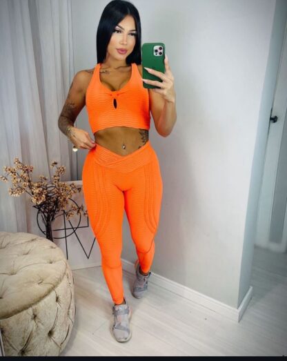 Orange Jacquard Women Workout Set - Image 2