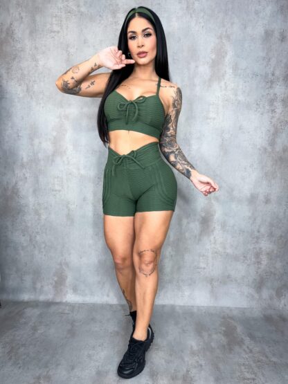 Dark Green Brocade Women Workout Set - Image 2