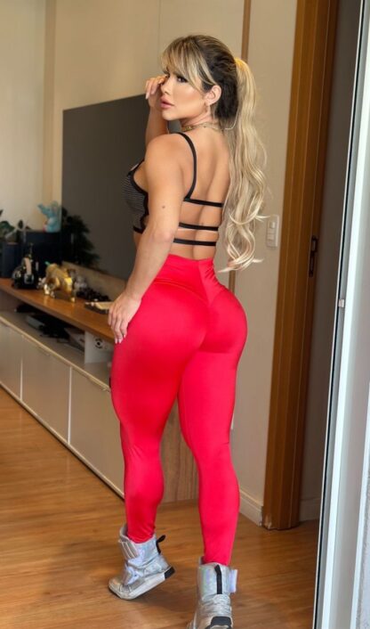 Gray and Black Striped Top and Red Leggings Workout Set - Image 3