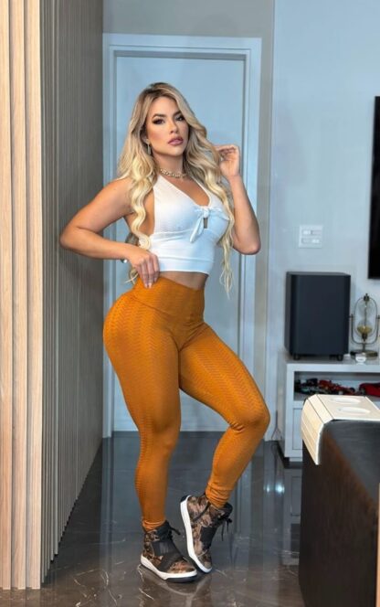 Gold Legging with White Cropped Top Workout Set - Image 2
