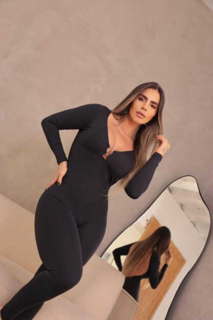 Black Jumpsuit with Slit and Hoops - Image 2
