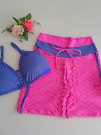Blue Top and Pink Jacquard Shorts Workout Set