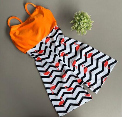 Chevron Print Romper with Flamingos