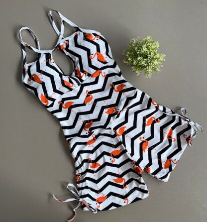 Striped Romper with Orange Flamingos