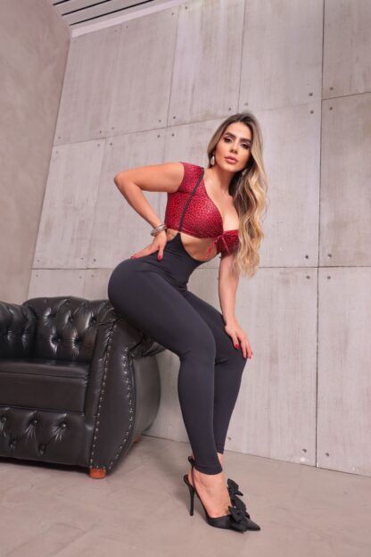 Black Dungaree Jumpsuit with Red Leopard Print - Image 5
