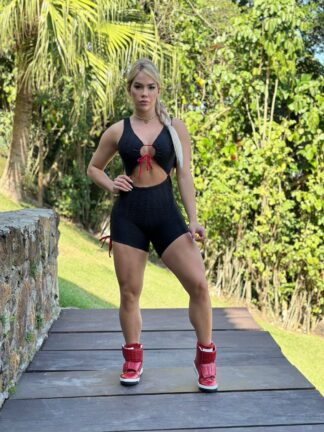 Black Embossed Romper with Red Detail and Sleeves