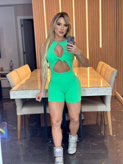 Sea Green Stretch Romper with Bow Neckline