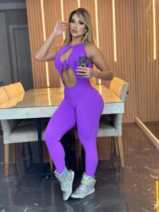 Purple Jumpsuit with Bow Neckline