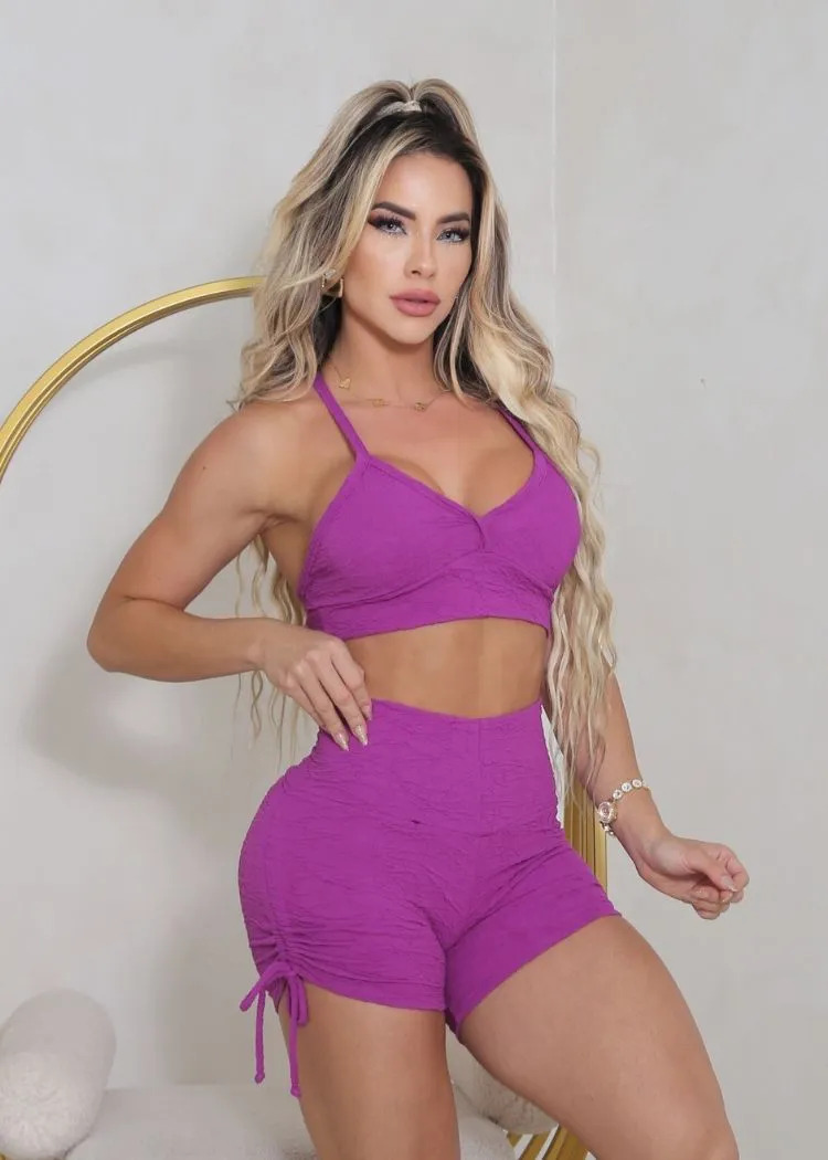Purple Push Up Top and Shorts Workout Set