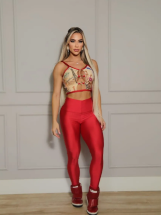 Red Floral Top and Leggings Workout Set