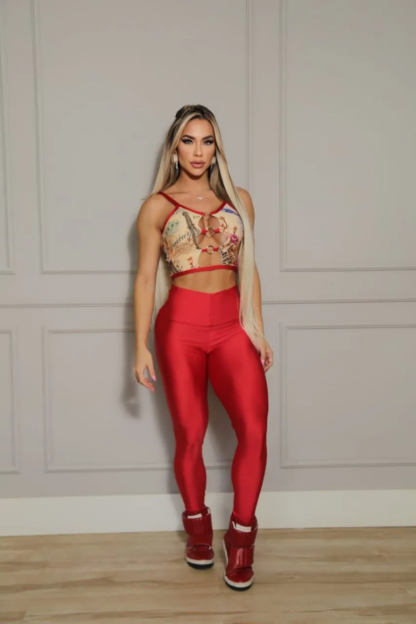 Red Floral Top and Leggings Workout Set
