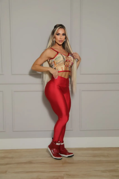 Red Floral Top and Leggings Workout Set - Image 2