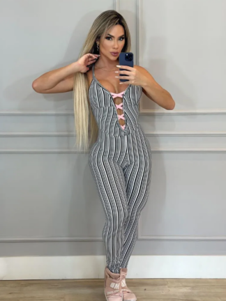 Black and White Striped Jumpsuit with Braided Neckline in Pink