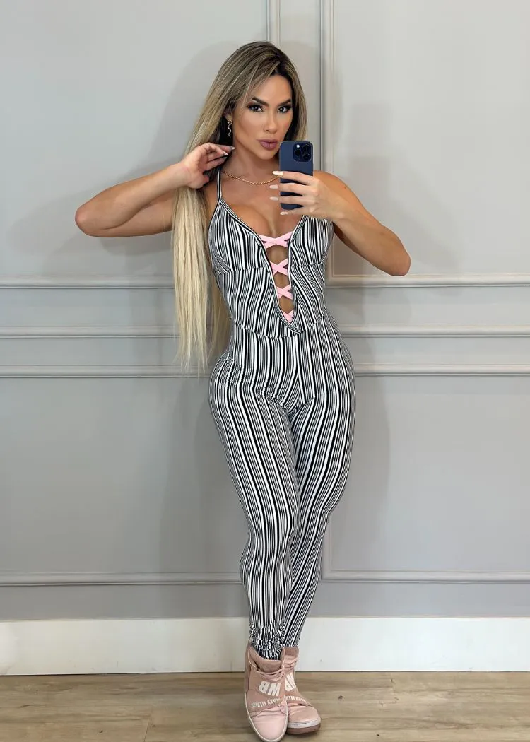 Black and White Striped Jumpsuit with Braided Neckline in Pink
