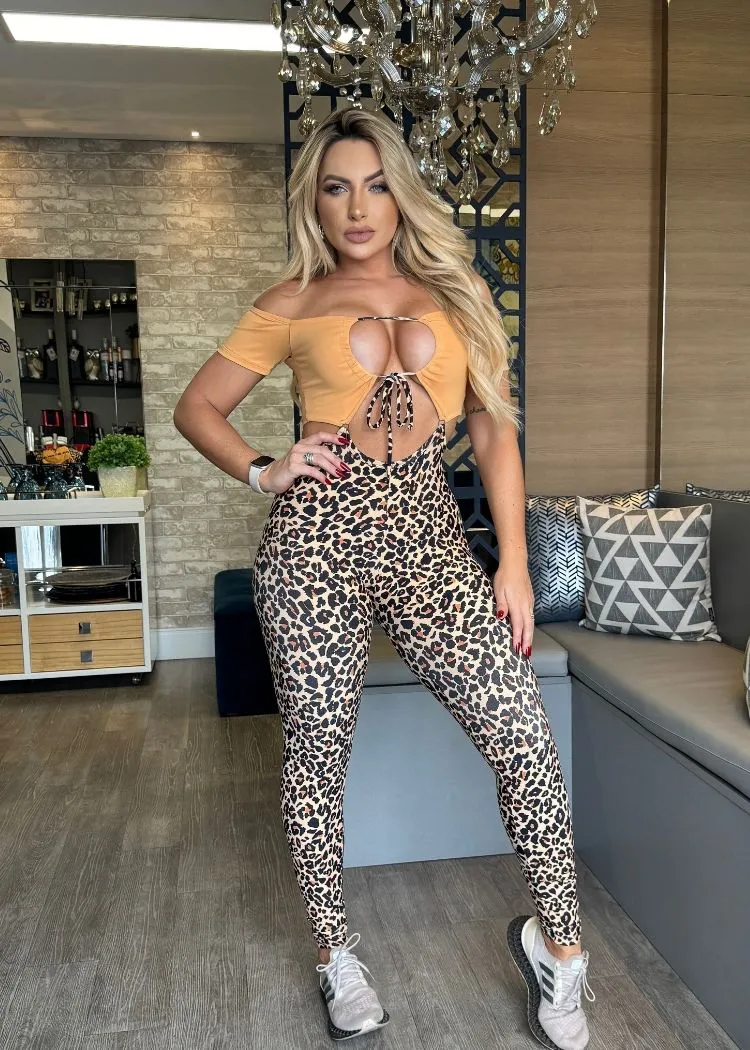Orange Jumpsuit Top with Opening Leopard Print Legging