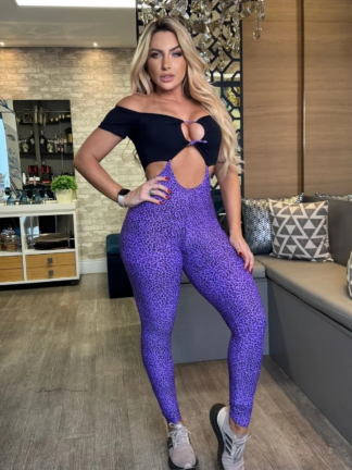 Black Jumpsuit Top with Opening and Lilac Leopard Print Legging