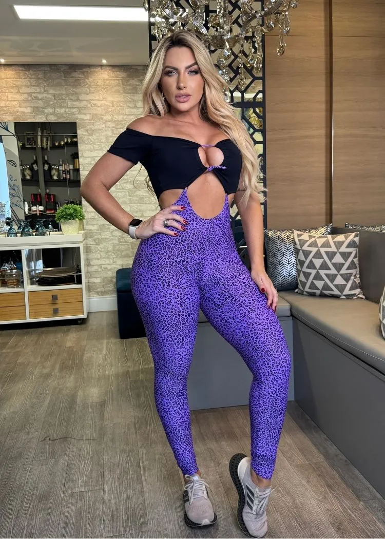 Black Jumpsuit Top with Opening and Lilac Leopard Print Legging