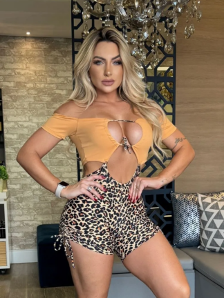 Buckle Romper with Orange Sleeve Top and Leopard Print Shorts