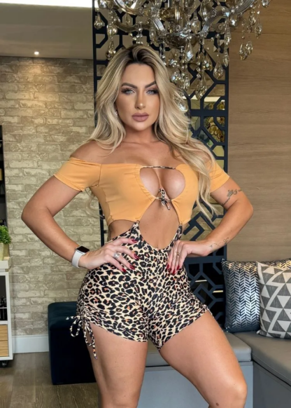 Buckle Romper with Orange Sleeve Top and Leopard Print Shorts