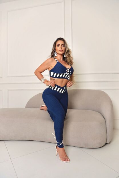 Blue Brocade Push Up Workout Set with Stripe Detail - Image 2