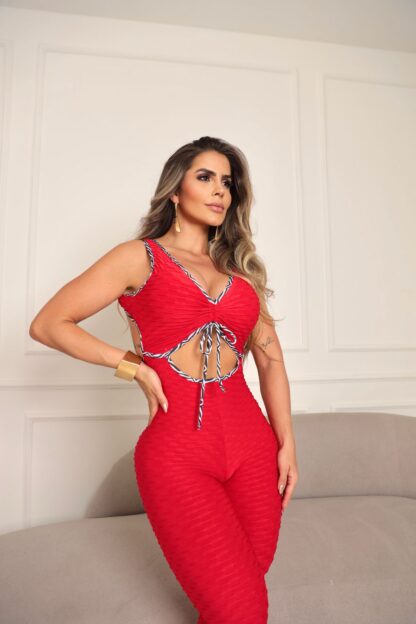 Red Leopard Print Push Up Textured Jumpsuit - Image 2