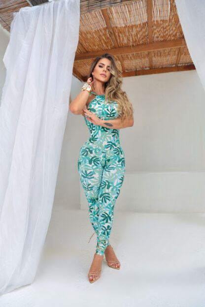 Tropical Aqua Green Printed Jumpsuit - Image 3