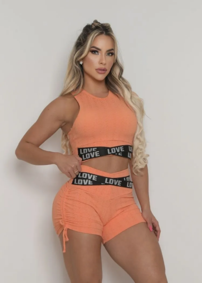 Orange Jacquard Closed Top and Shorts Workout Set - Image 2