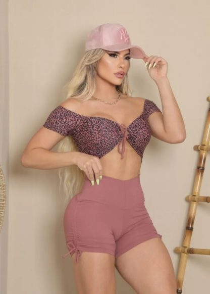 Pink Leopard Print Top and Pink Shorts Workout Set - Image 2