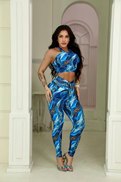 Blue Marble Workout Set with Gold Details