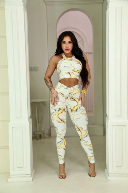 White Gold Abstract Sport Top and Leggings Workout Set
