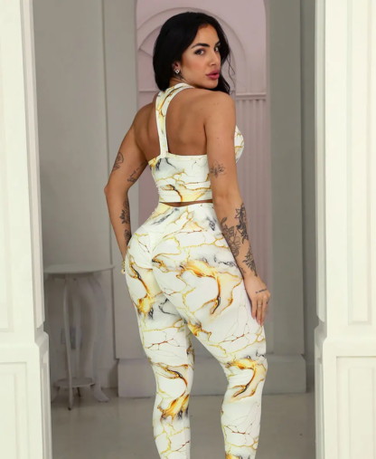 White Gold Abstract Sport Top and Leggings Workout Set - Image 4