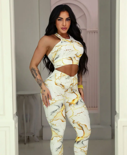 White Gold Abstract Sport Top and Leggings Workout Set - Image 2