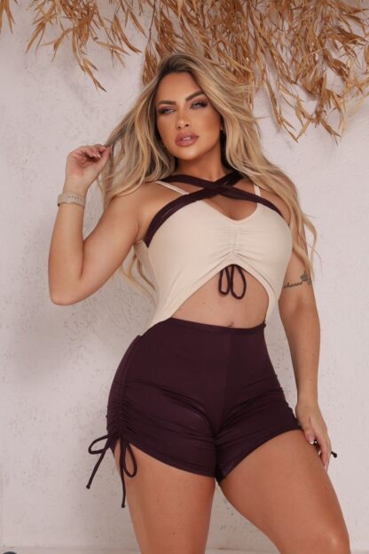 Beige Top Romper with Front Cross Straps and Açaí Shorts