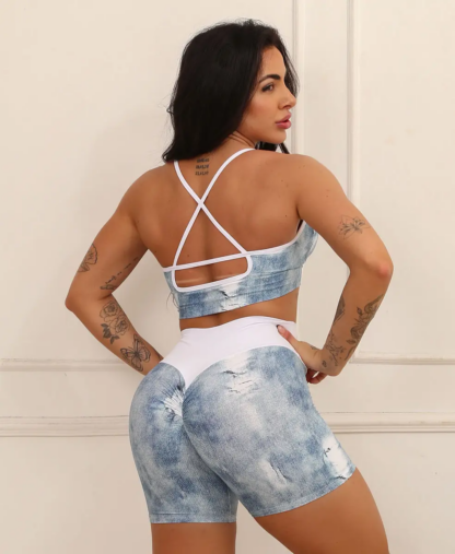 Fake Jeans Top and Shorts Workout Set - Image 5