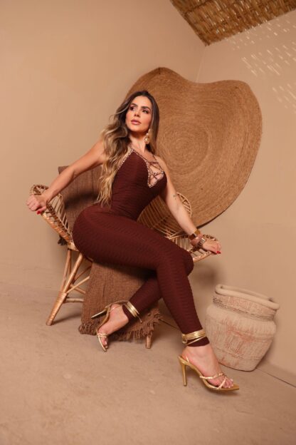 Textured Chocolate Brown Jumpsuit - Image 4