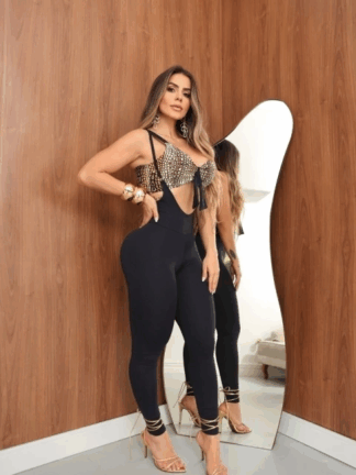 Black Dungarees Jumpsuit with Crocodile Skin