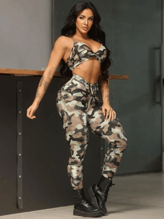 Military Green Fake Jeans Workout Set