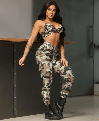 Military Green Fake Jeans Workout Set