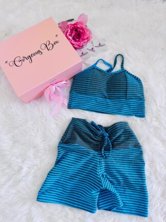 Blue and Black Stripe Print Workout Set